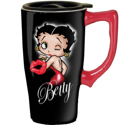 Betty Boop Red Lips Black Travel Mug -Hario Store 11923