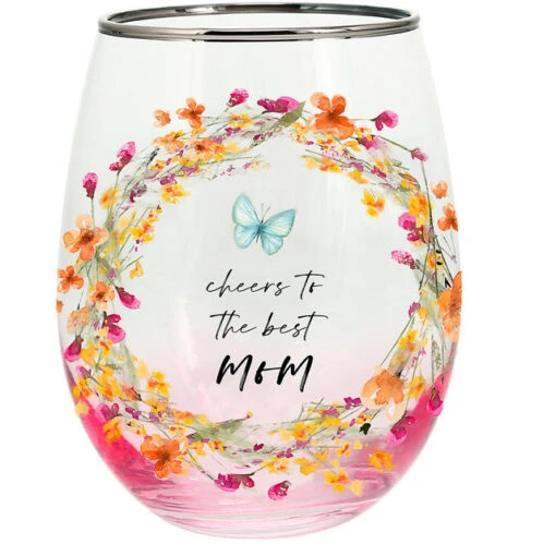 Meadows Of Joy Butterfly Floral 20 Oz. Stemless Wine Glass Cheers To The Best Mom -Hario Store 13228 28df77e1 1539 4e06 a9c9 a17ff4b28923