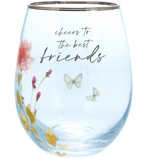 Meadows Of Joy Butterfly Floral 20 Oz. Stemless Wine Glass Cheers To The Best Friends -Hario Store 13230