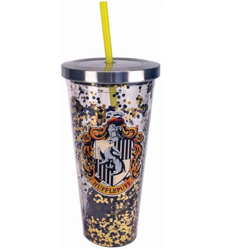 Harry Potter Hufflepuff Glitter Cup With Straw 20 Oz. -Hario Store 21318