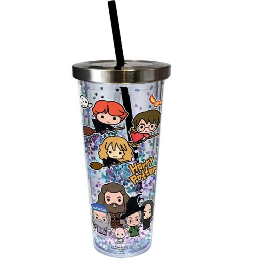 Harry Potter Characters Glitter Cup With Straw 20 Oz. -Hario Store 21323