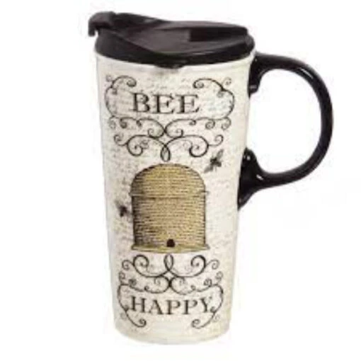 Bee Happy Hive Ceramic 17 Oz. Travel Cup With Matching Gift Box -Hario Store 3CTC5851B