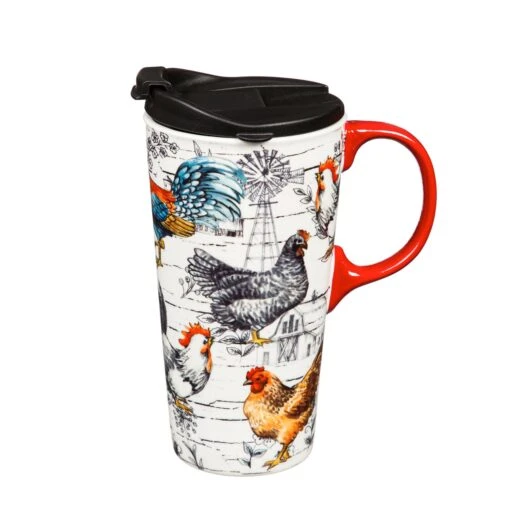 Rooster Collage Ceramic 17 Oz. Travel Cup With Matching Gift Box -Hario Store 3ctc017947