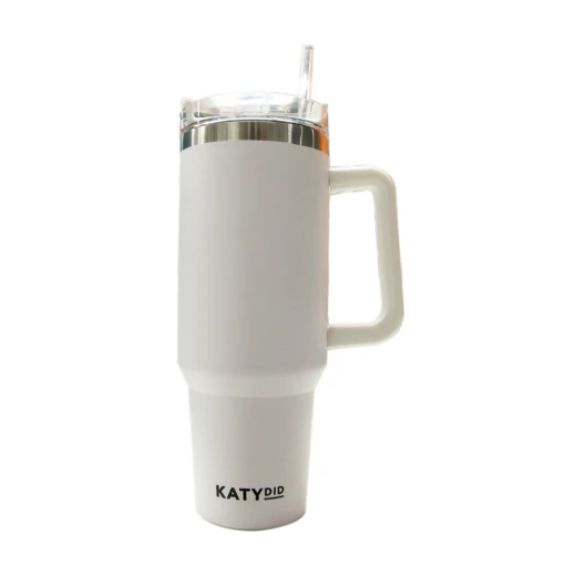 40 Oz. White Katydid Stainless Steel Tumbler With Handle And Straw -Hario Store KDC TUMB 01 WHT