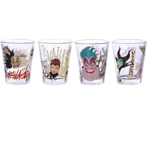 Disney Villains 2 Oz. Shot Glass Set Of 4 Cruella De Vil, Ursula, Evil Queen, Maleficent -Hario Store VGA06 S2 DSC